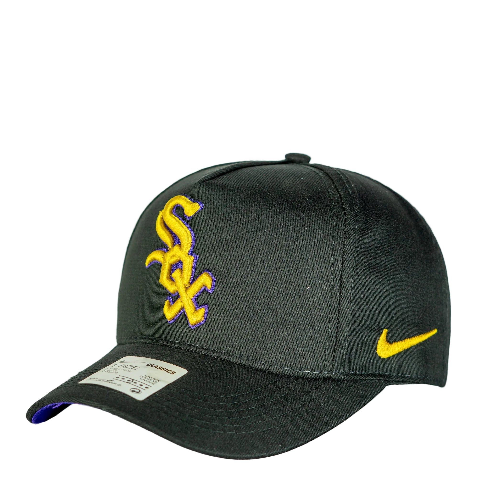 New Era Chicago White Sox 59FIFTY Negra con logos amarillos y morados Ajustable